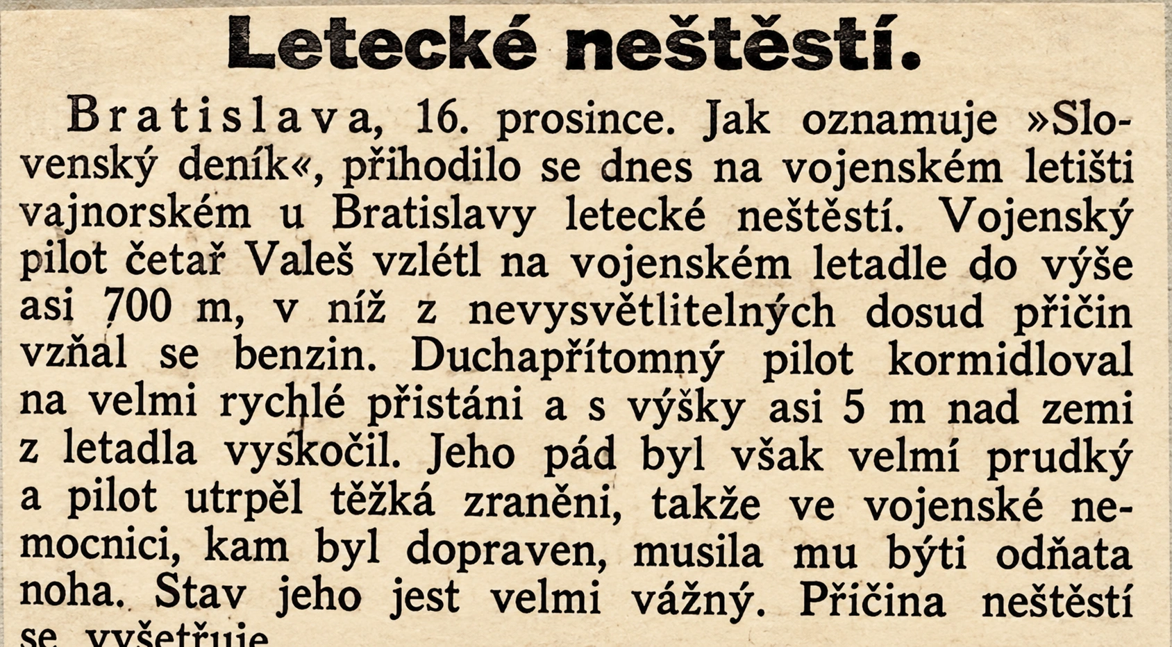Dobová novinová správa Letecké neštěstí o nehode čet. Valeša zo 16. decembra 1926