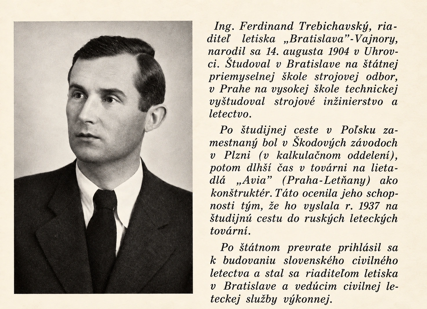 Dobový ústrižok o Ing. Ferdinandovi Trebichavskom s portrétom