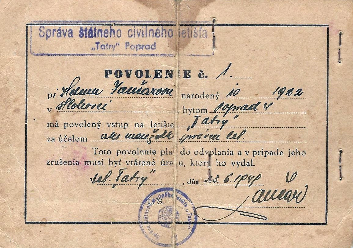 Povolenie Heleny Jančárovej na vstup na letisko Tatry