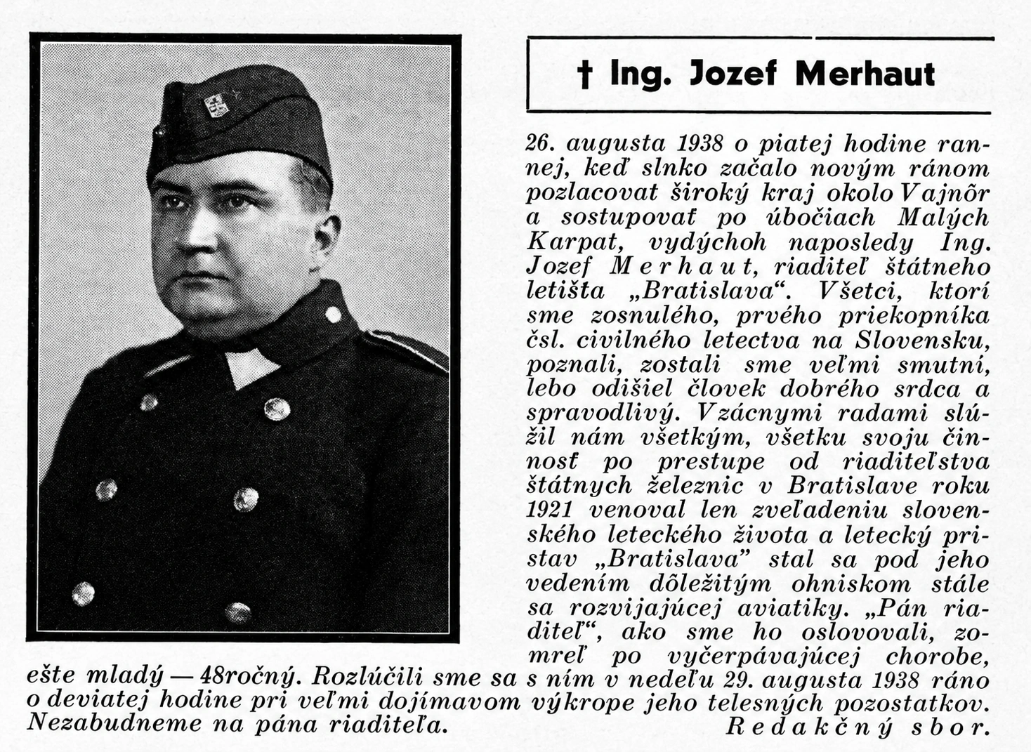 Dobový nekrológ Ing. Jozefa Merhauta s portrétom