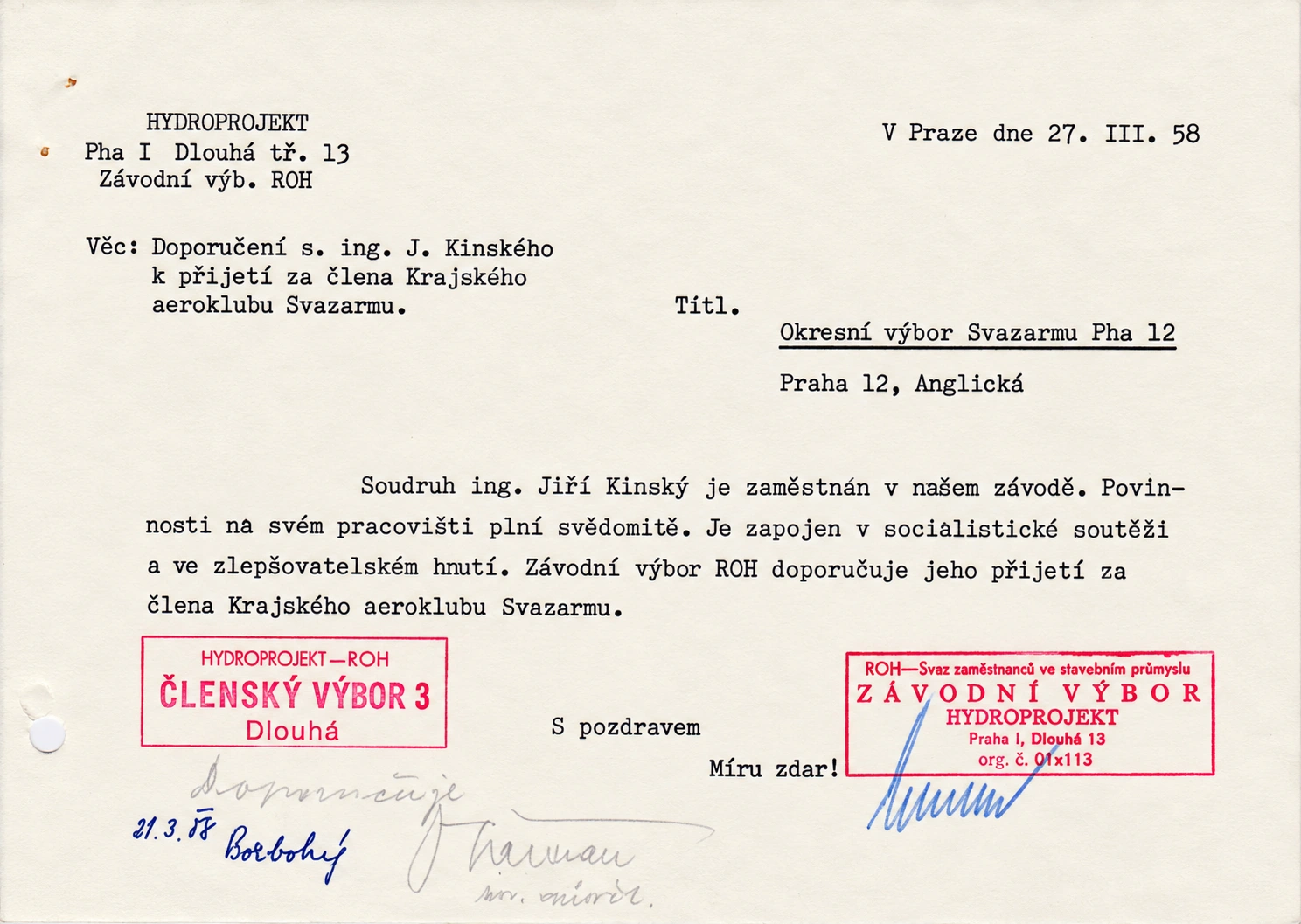 27.3.1958 – odporúčanie závodného výboru ROH Hydroprojekt
