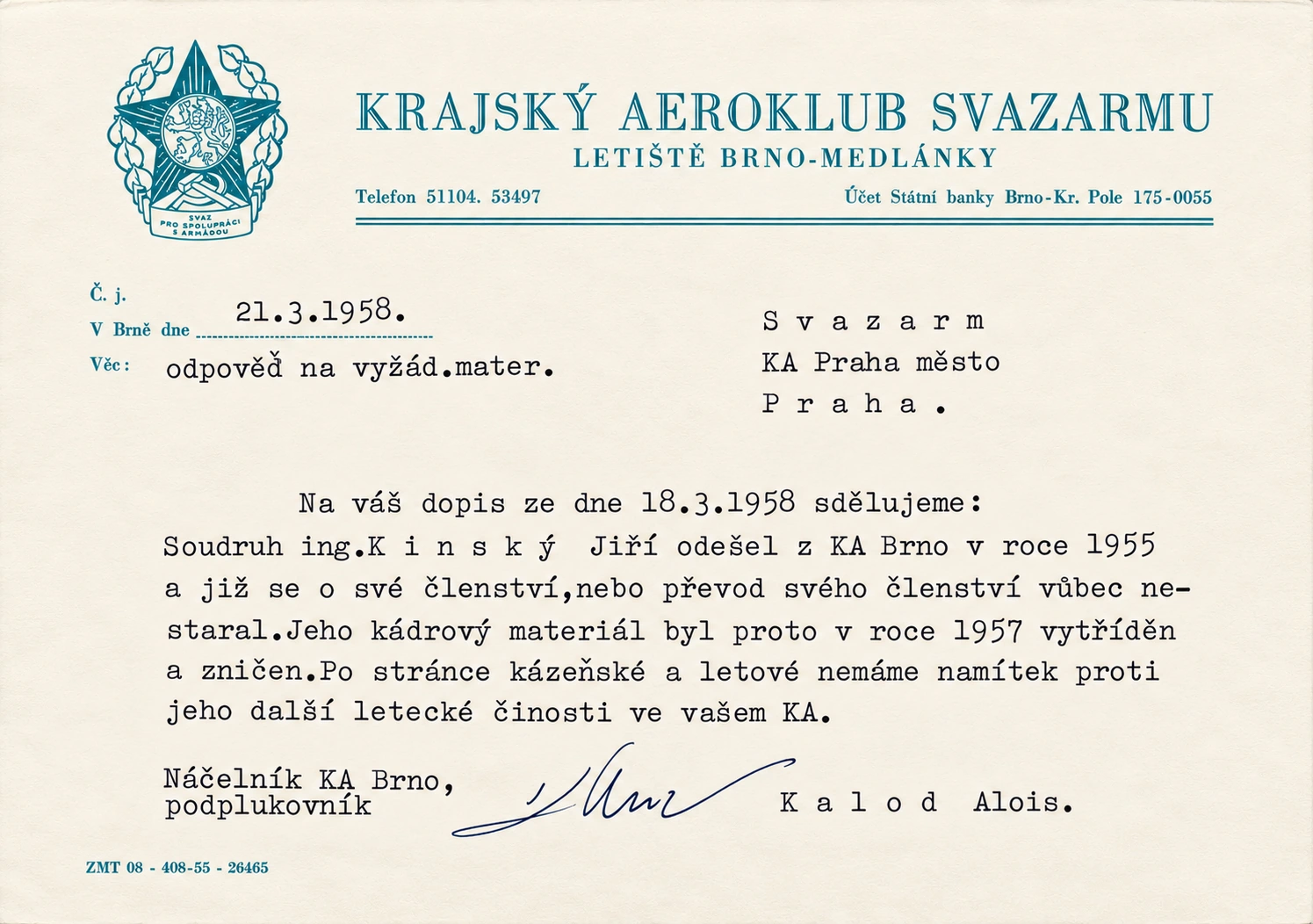 21.3.1958 – odpoveď Aeroklubu Brno-Medlánky
