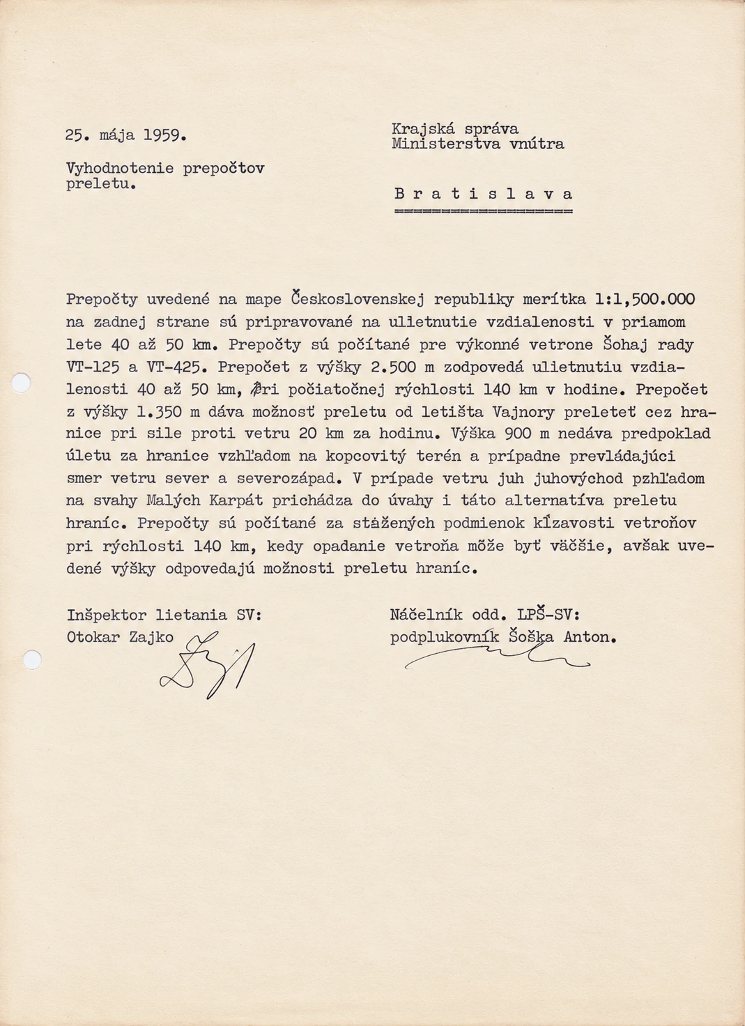 Vyhodnotenie prepočtov preletu z 25. mája 1959