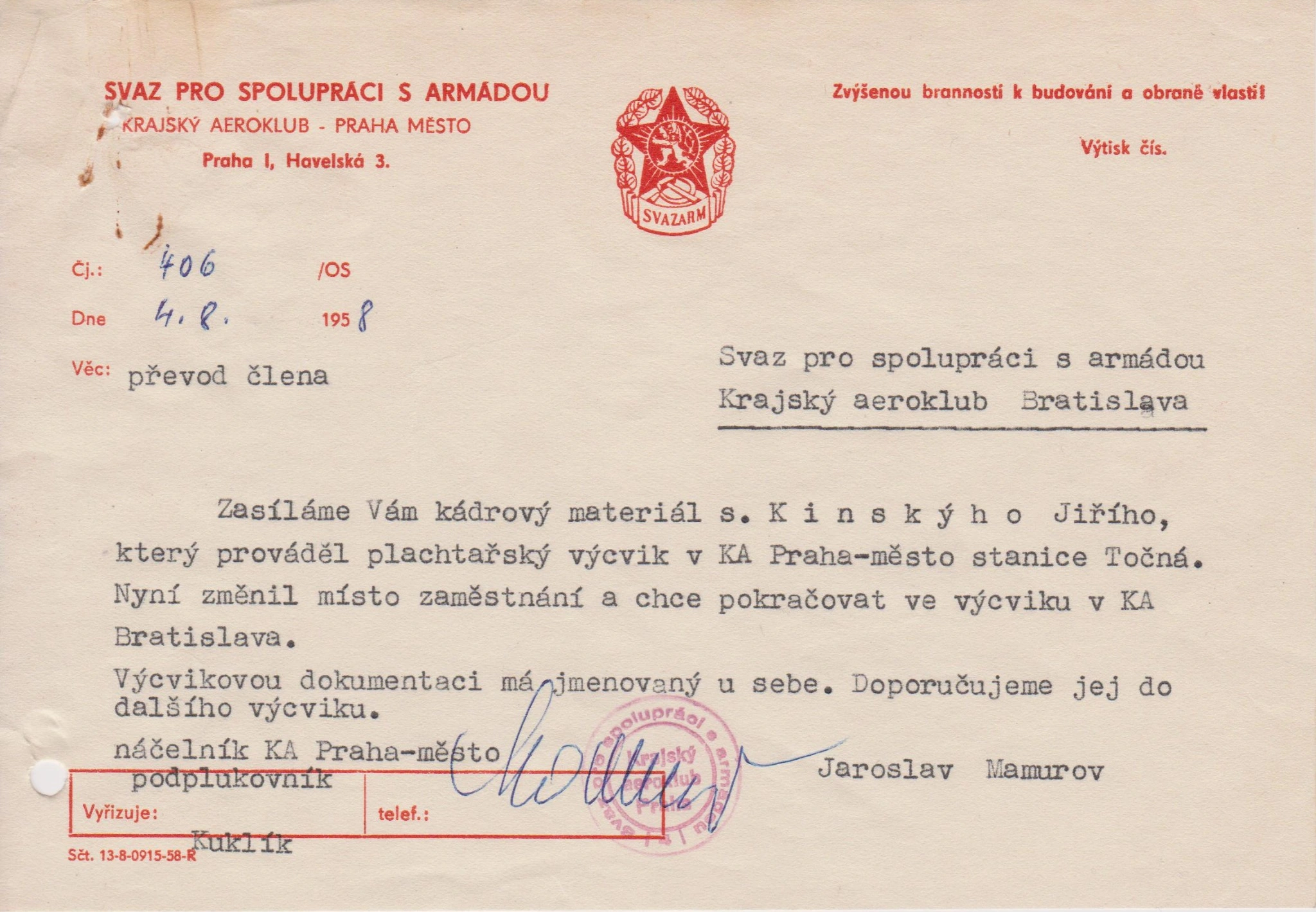4.8.1958 – prevod člena do Aeroklubu Bratislava
