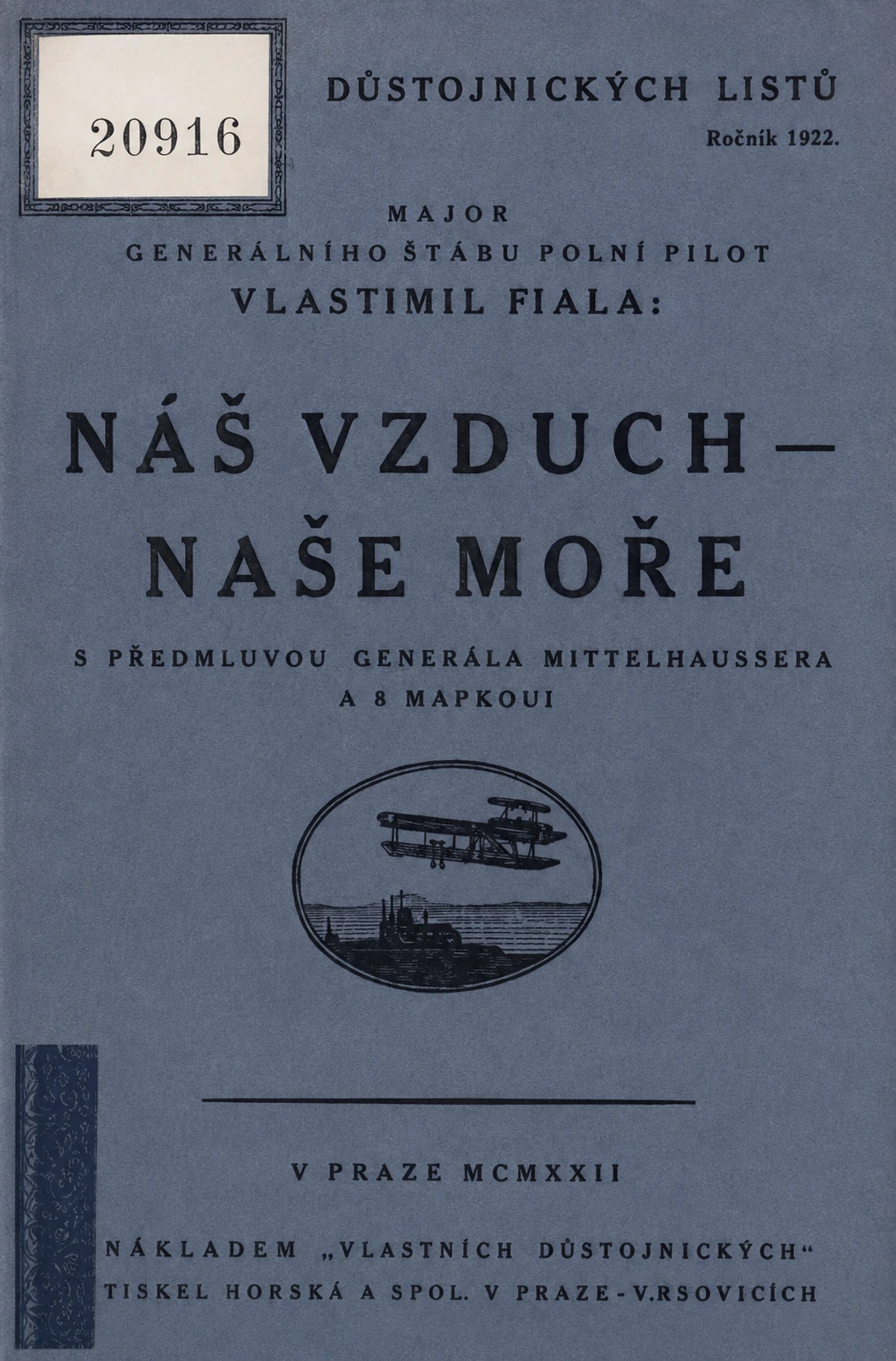 Obálka knihy Náš vzduch – naše moře od Vlastimila Fialu z roku 1922