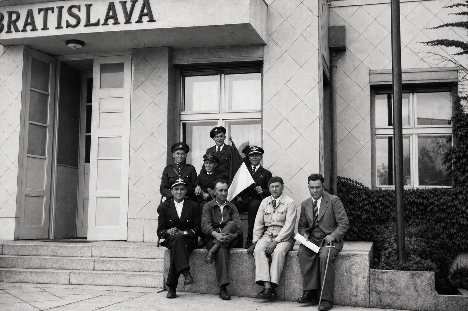 Skupina pracovníkov pred budovou letiska; pán Rohlík sedí v bledých montérkach