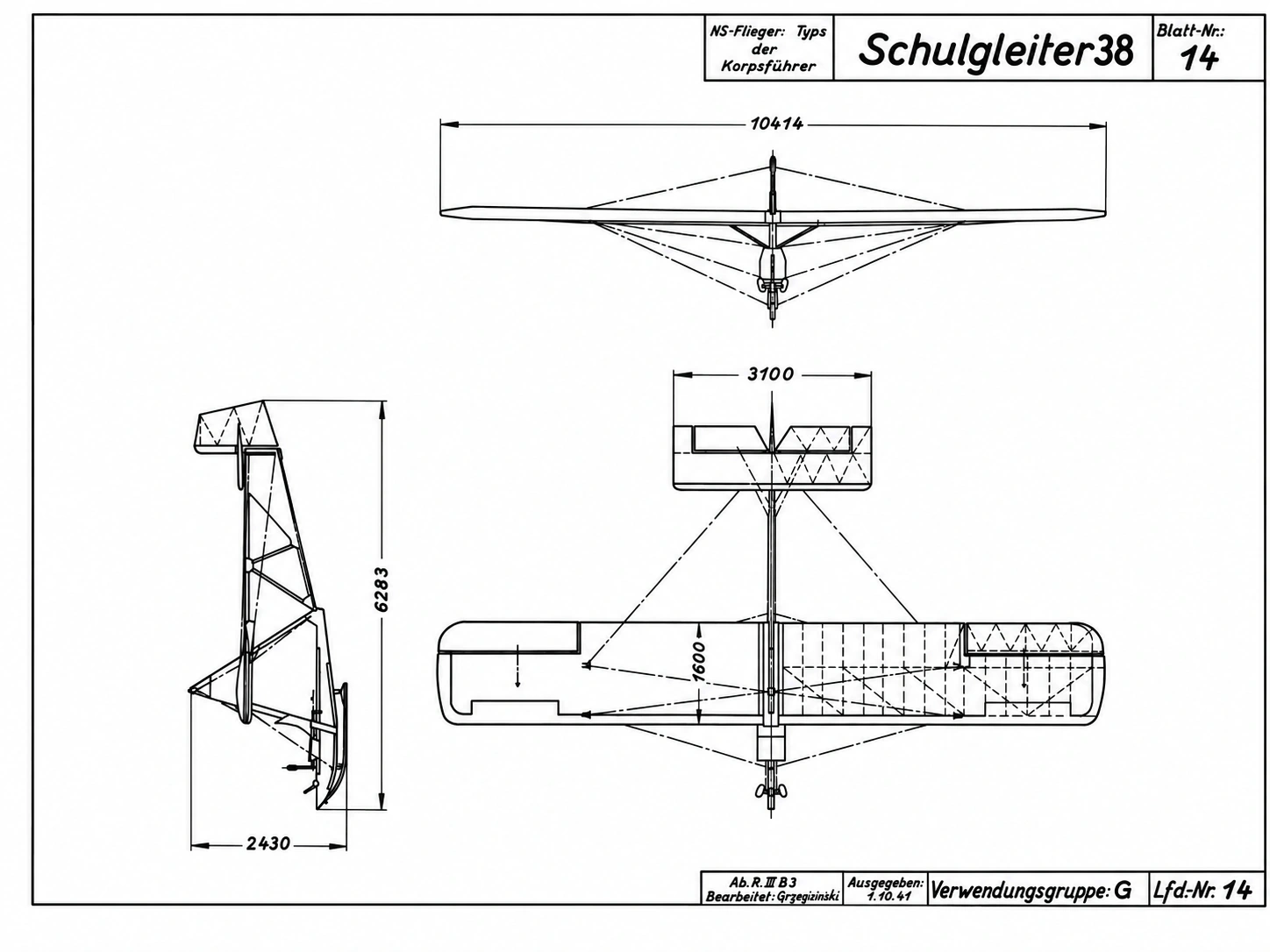 Výkres školského klzáka Schulgleiter SG-38