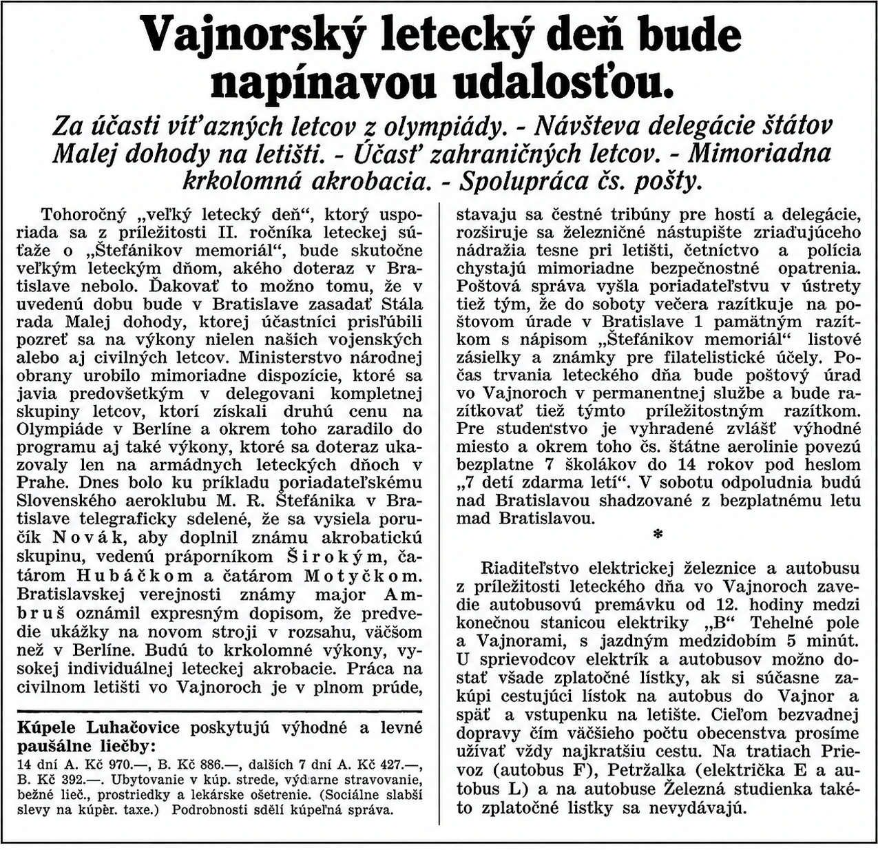 Novinový výstrižok Vajnorský letecký deň bude napínavou udalosťou o II. Štefánikovom memoriáli