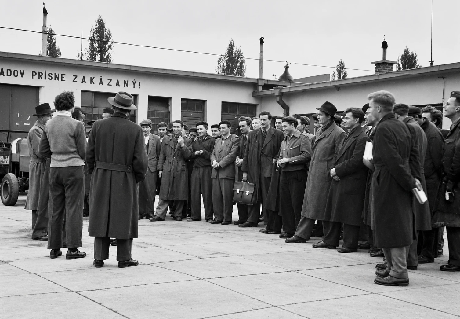 Skupina ľudí pred budovami letiska Vajnory