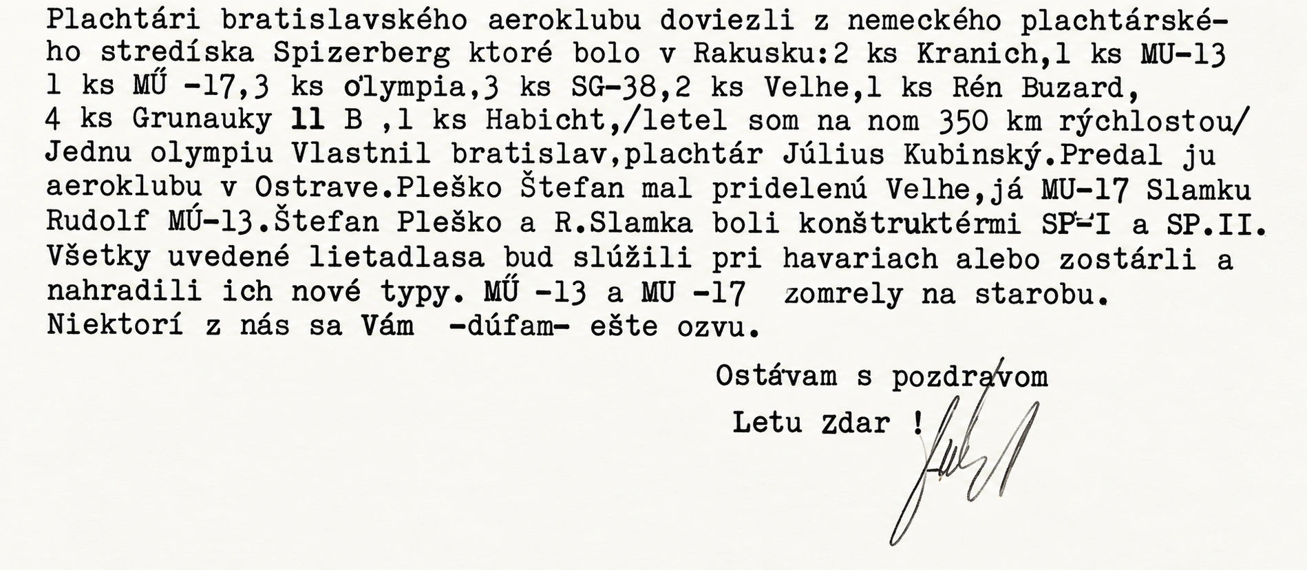 Ústrižok listu so zoznamom vetroňov dovezených zo Spitzerbergu a spomienkami bratislavského plachtára